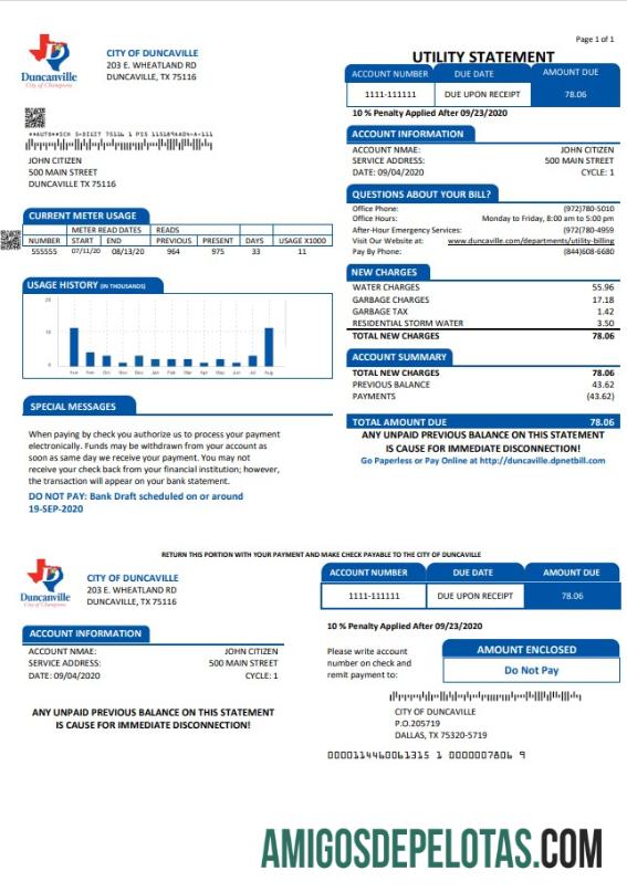 Berkualitas AS Texas City of Duncanville Air, sewer, garbage Tagihan Tagihan templat in Word and PDF format