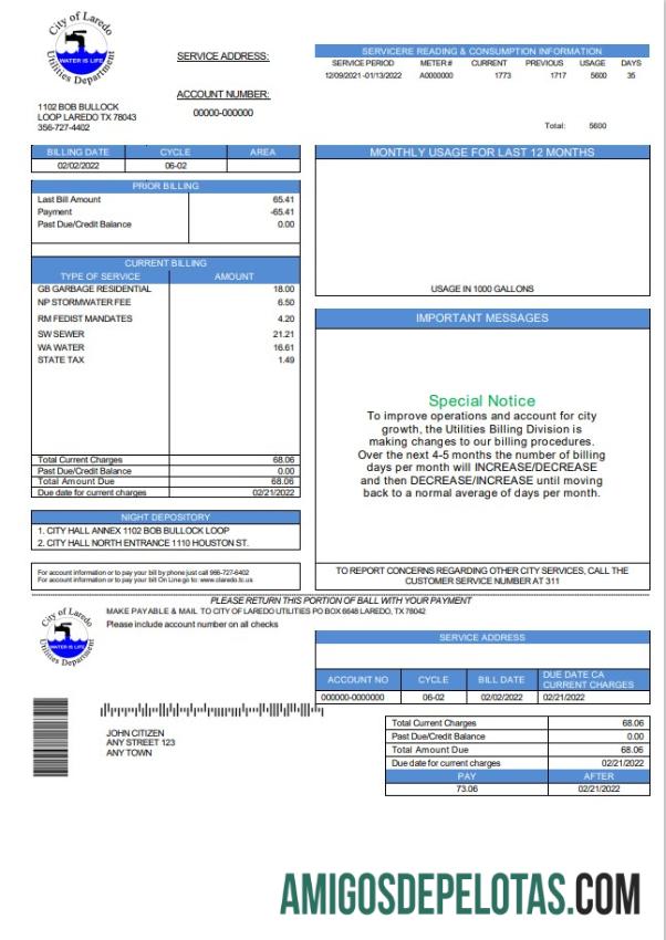 Berkualitas AS Texas City of Laredo Utilities Department Air Tagihan Tagihan templat in Word and PDF format