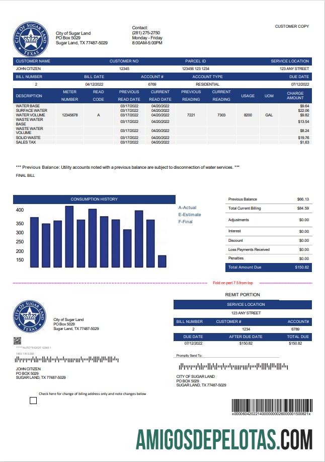 Premium AS Texas City of Sugar Land Tagihan Tagihan templat in Word and PDF format