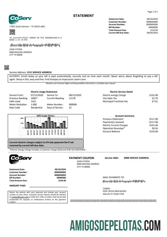 Realistis AS Texas CoServ Tagihan Tagihan templat in Word and PDF format
