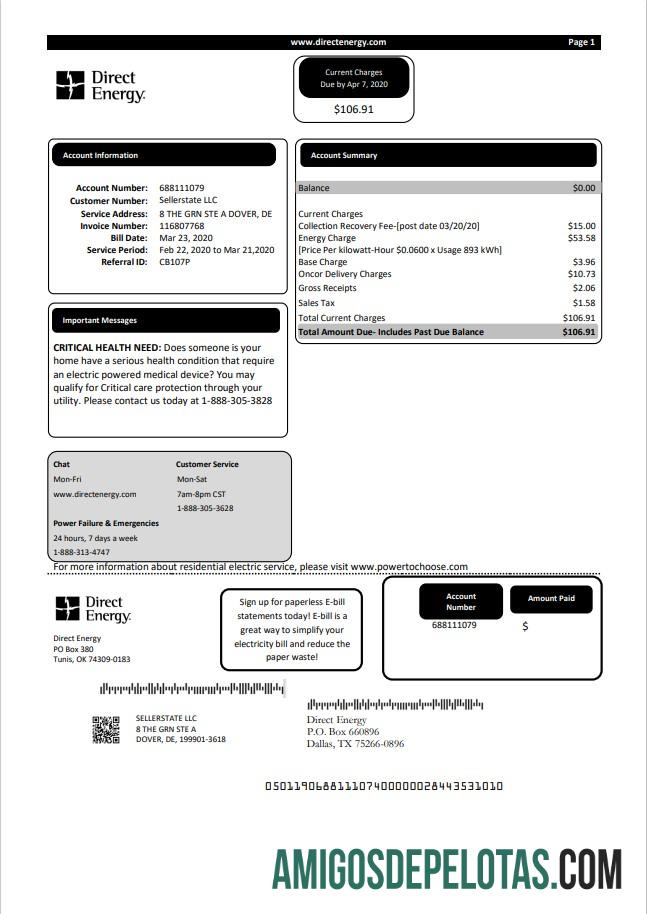 Premium AS Texas Direct Energy Tagihan Tagihan templat in Word and PDF format