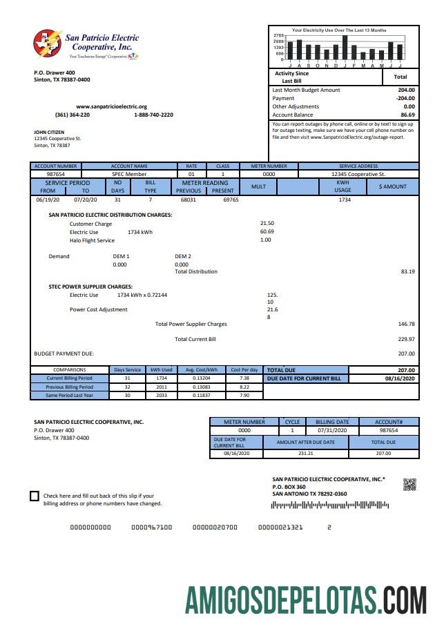 Dapat Diedit AS Texas San Patricio Electric Corporative Tagihan Tagihan templat in Word and PDF (.doc and .PDF) format