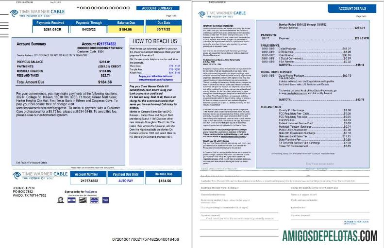 Dapat Diedit AS Time Warner Cabel Tagihan Tagihan, Word and PDF templat, 3 pages 1 2