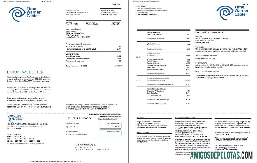 Dapat Diedit AS Time Warner Cable Tagihan Tagihan templat in Word and PDF format, 2 pages