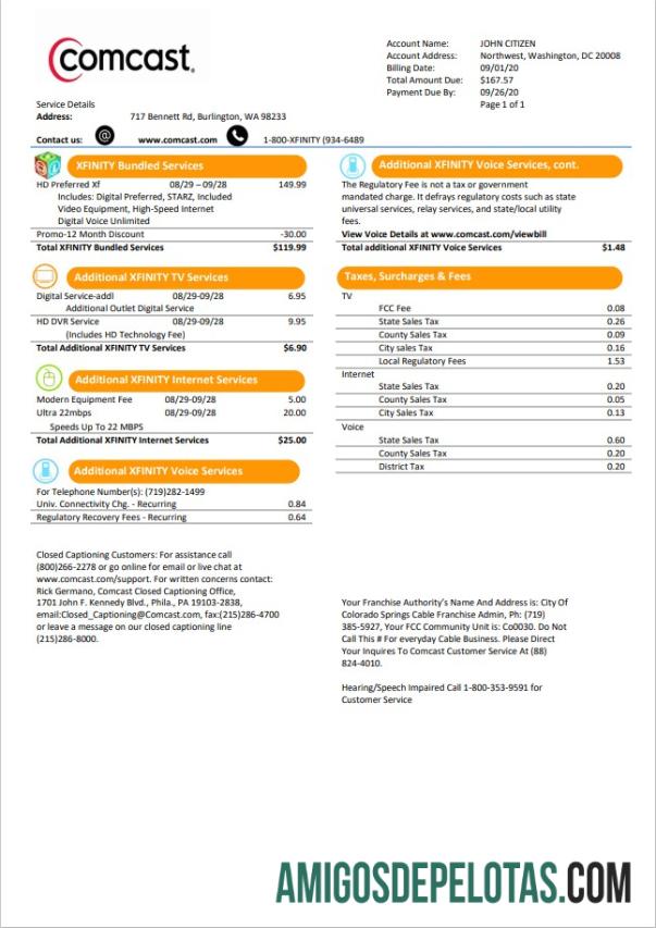 Realistis AS Utah Comcast Tagihan Tagihan templat in Word and PDF format versi 1