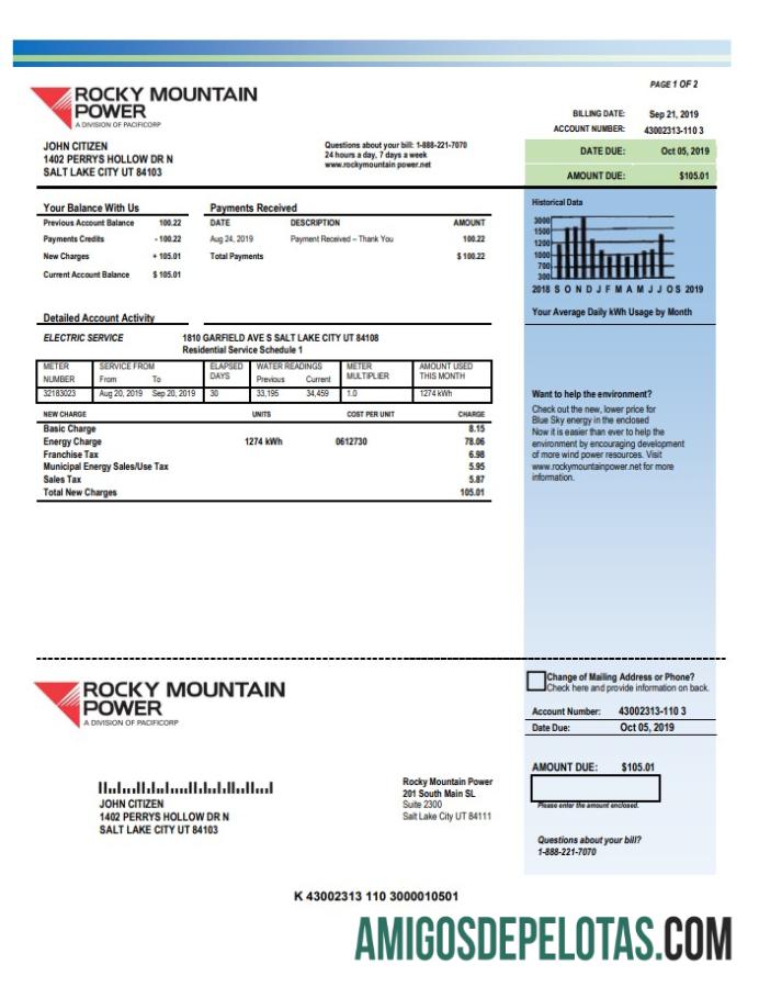 Realistis AS Utah Rocky Mountain Power Listrik Tagihan Tagihan templat in Word and PDF format