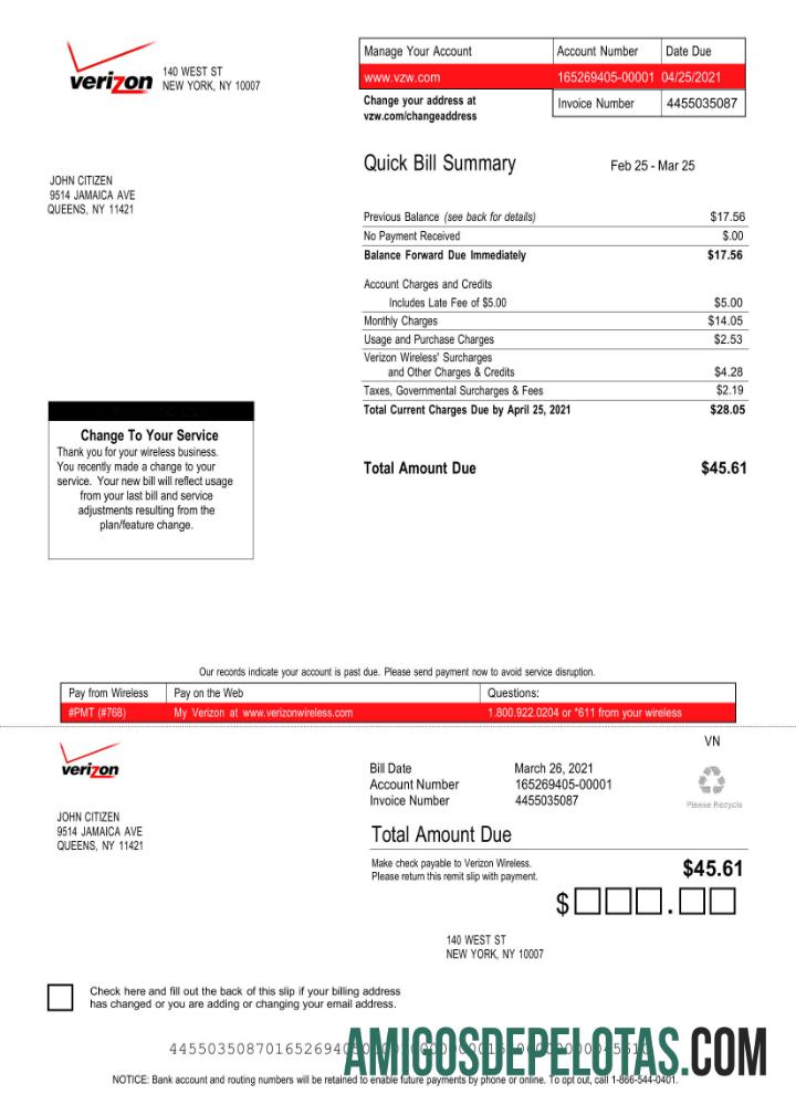 Dapat Diedit AS Verizon Tagihan Tagihan Word and PDF templat, versi 3