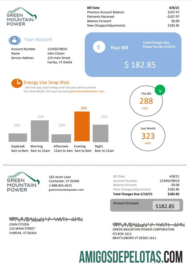 AS Vermont hijau Mountain Power Listrik Tagihan Tagihan in Word and PDF format sampel