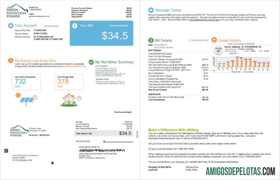 Dapat Diedit AS Vermont hijau Mountain Power Tagihan Tagihan, Word and PDF templat, 2 pages