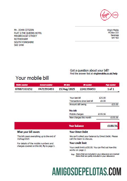 Realistis AS Virgin Media Tagihan Tagihan templat in Word and PDF format, versi 2