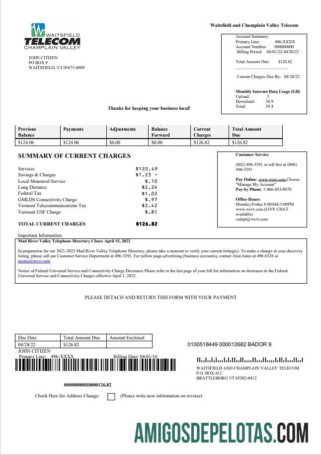 Dapat Diedit AS Waitsfield Telecom Tagihan Tagihan templat in Word and PDF format