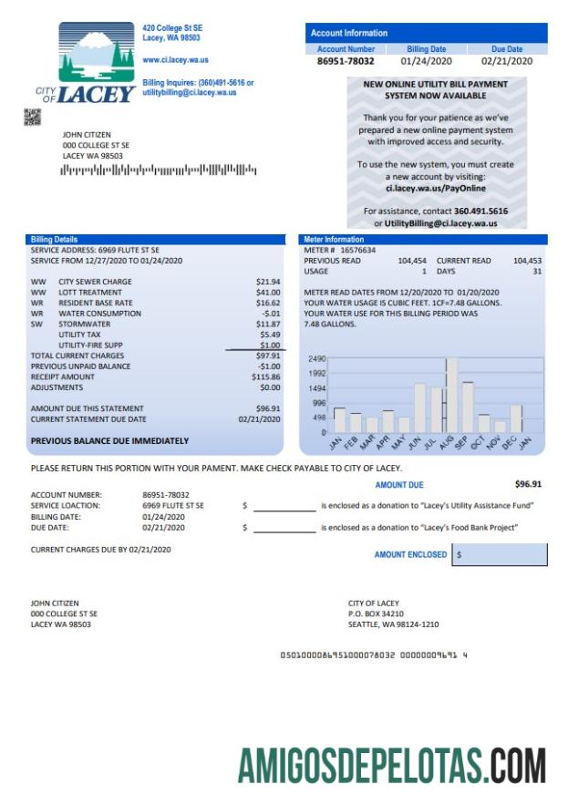 Premium AS Washington City of Lacey Air Tagihan Tagihan templat in Word and PDF format (proof of address)
