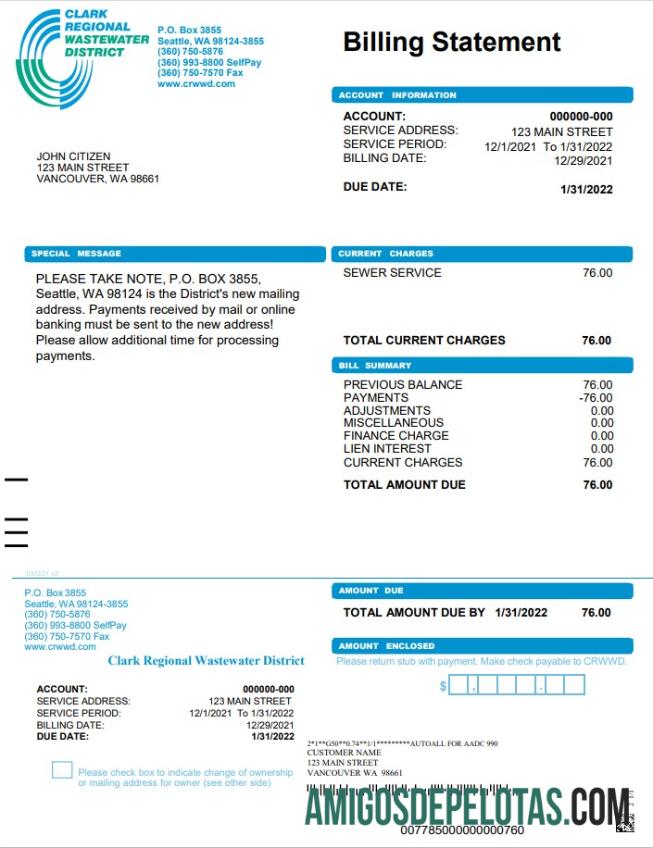 Berkualitas AS Washington Clark Regional Wastewater District Tagihan Tagihan, Word and PDF templat