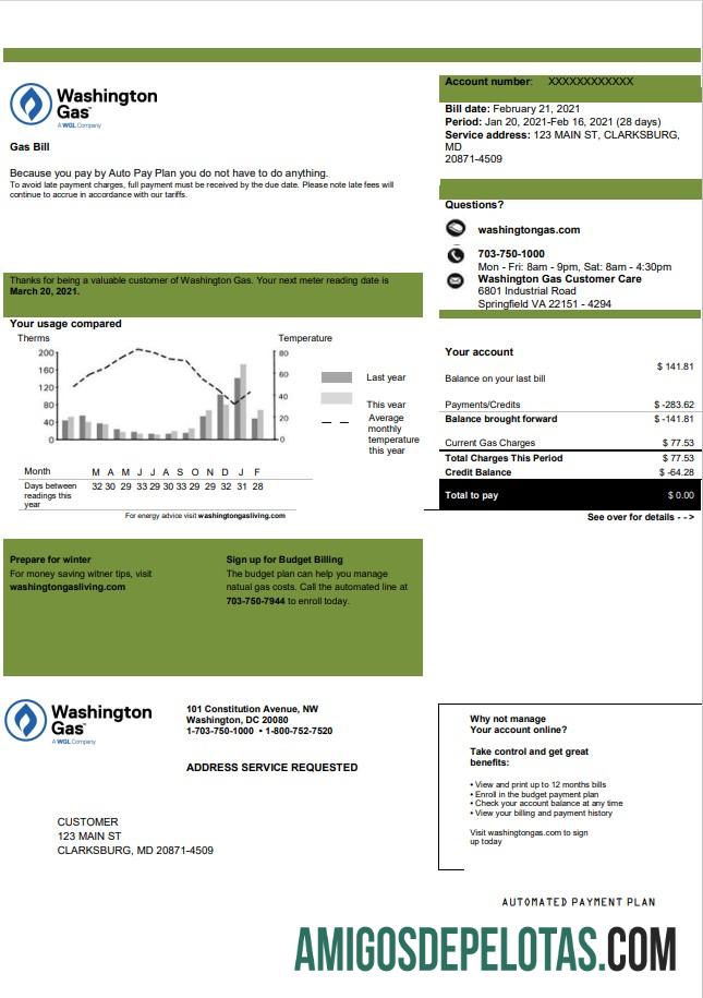 Dapat Diedit AS Washington Gas (WGL) Tagihan Tagihan templat in Word and PDF format