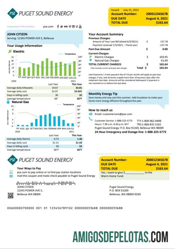 Realistis AS Washington Puget Suara Energy Tagihan Tagihan templat in Word and PDF format