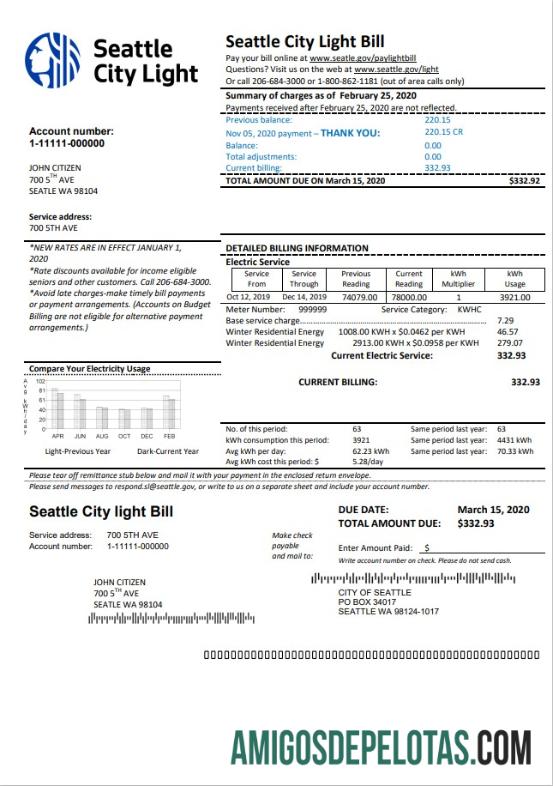 Dapat Diedit AS Washington Seattle City Light Tagihan Tagihan templat in Word and PDF format