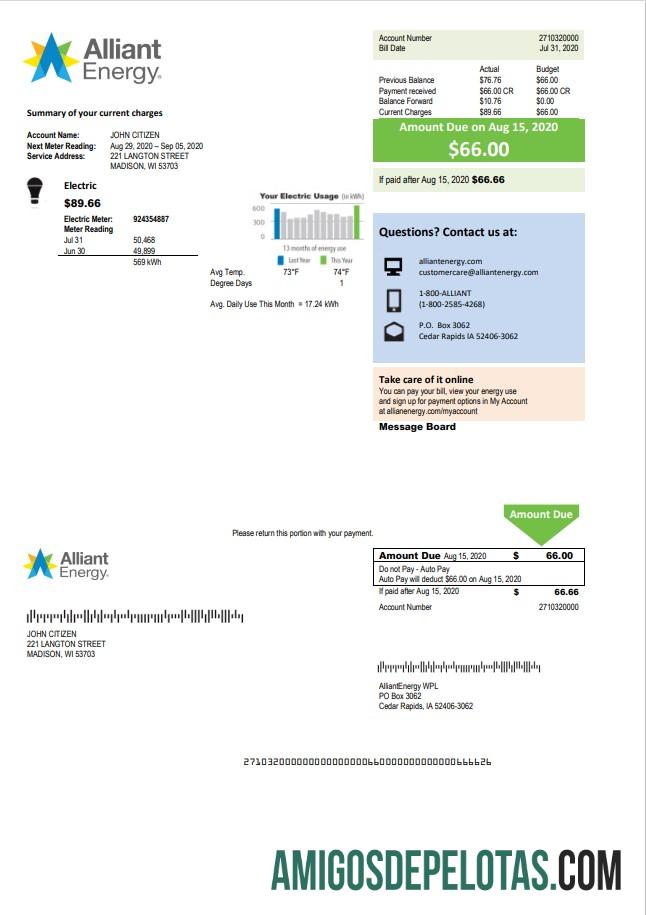 Premium AS Wisconsin Alliant Energy Listrik Tagihan Tagihan templat in Word and PDF format