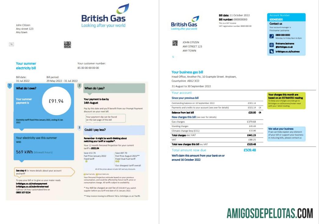 Premium Inggris Raya British Gas Tagihan, Word and PDF templat, 2 pages