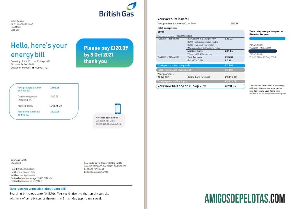 Realistis Inggris Raya British Gas Tagihan Tagihan templat in Word and PDF format (2 pages), versi 3