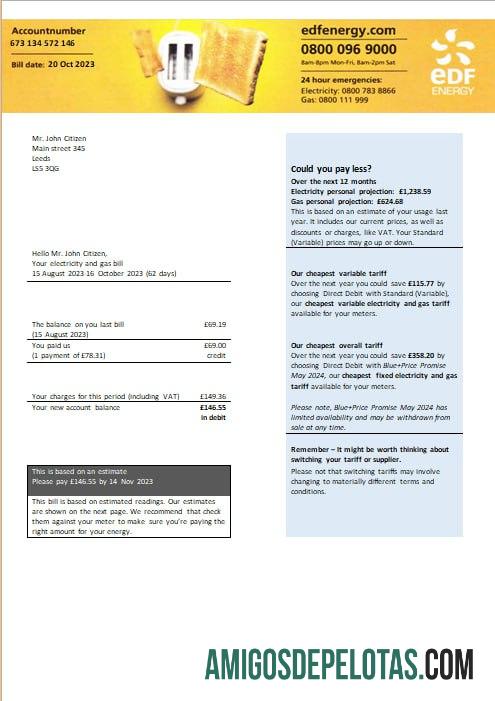 Inggris Raya EDF Energy Listrik and Gas Tagihan Tagihan Word and PDF format templat