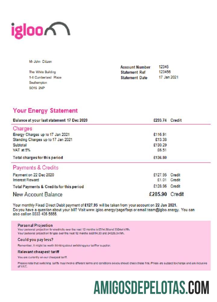 Dapat Diedit Inggris Raya Igloo Energy Tagihan Tagihan templat in Word and PDF format