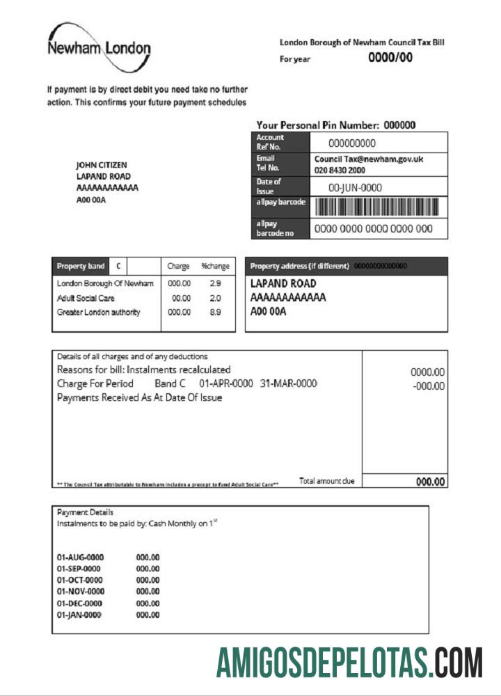 Dapat Diedit Inggris Raya London of Borough of Newham council pajak Tagihan templat in Word and PDF format