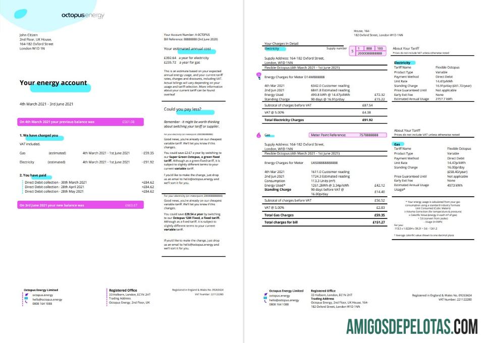 Dapat Diedit Inggris Raya Octopus Energy Tagihan Tagihan templat in Word and PDF format, 3 pages 1 2