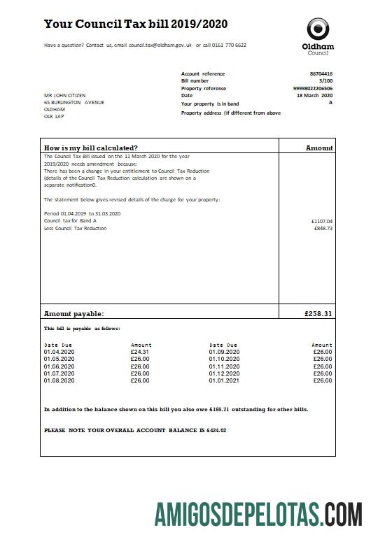 Premium Inggris Raya Oldham council pajak Tagihan templat in Word and PDF format