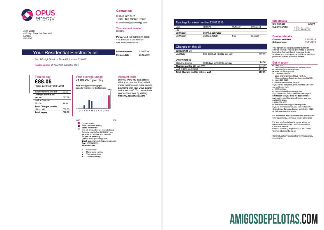Profesional Inggris Raya Opus Energy Listrik Tagihan Tagihan templat in Word and PDF format (2 pages)