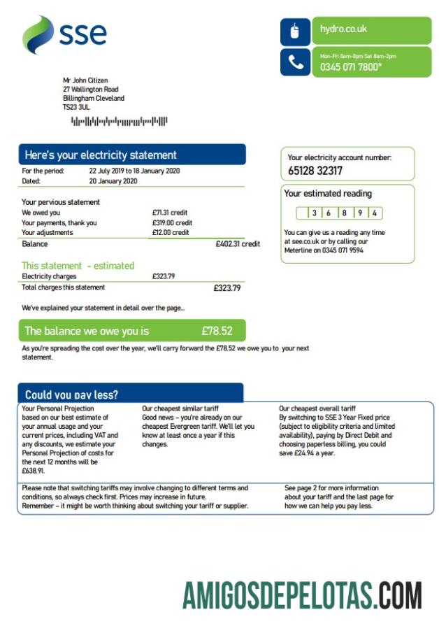 Premium Inggris Raya SSE Energy Tagihan Tagihan templat in Word and PDF format, versi 3