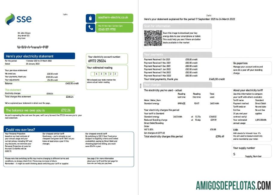 Dapat Diedit Inggris Raya SSE Energy Tagihan Tagihan, Word and PDF templat, 4 pages 1 2