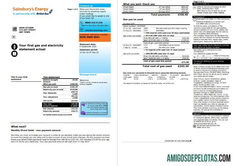 Realistis Inggris Raya SainsburyΓÇÖs Energy (British Gas) Tagihan, Word and PDF templat, 3 pages 1 2