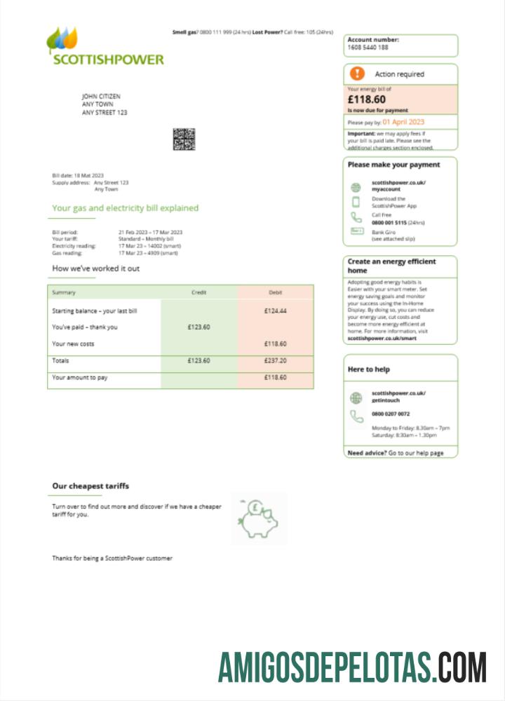 Realistis Inggris Raya Scottish Power Tagihan Tagihan Word and PDF templat scr