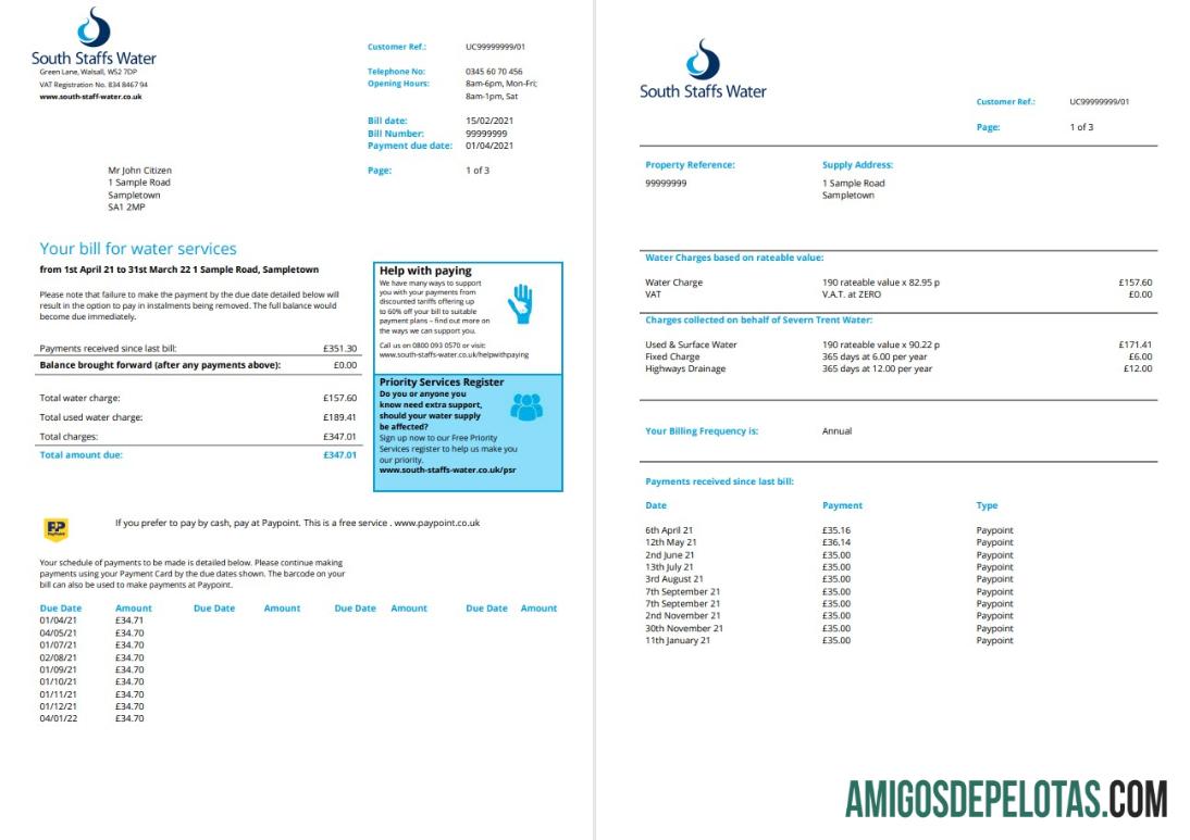 Premium Inggris Raya South Staffs Air Tagihan Tagihan templat in Word and PDF format, 2 pages
