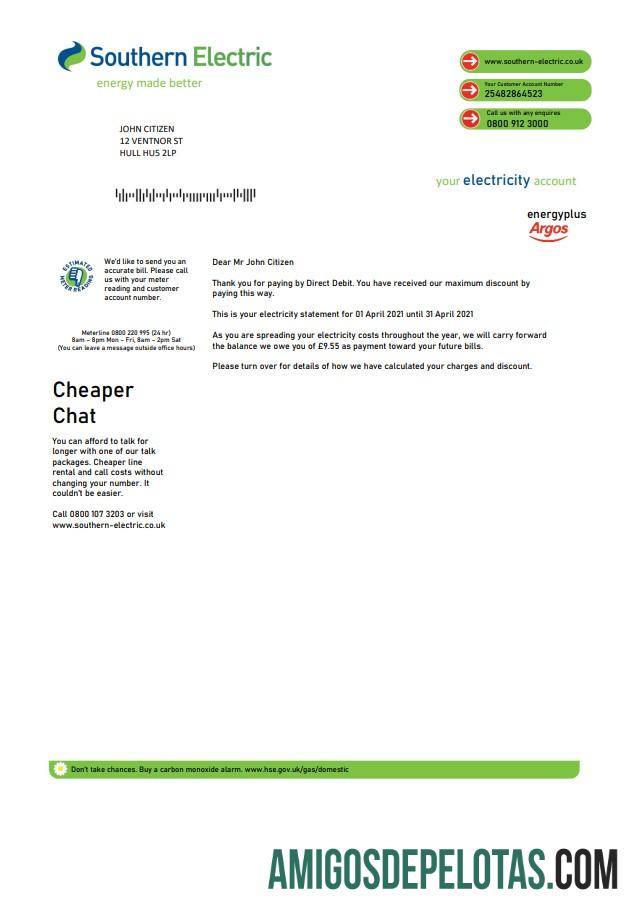 Realistis Inggris Raya Southern Electric proof of address Tagihan Tagihan templat in Word and PDF format