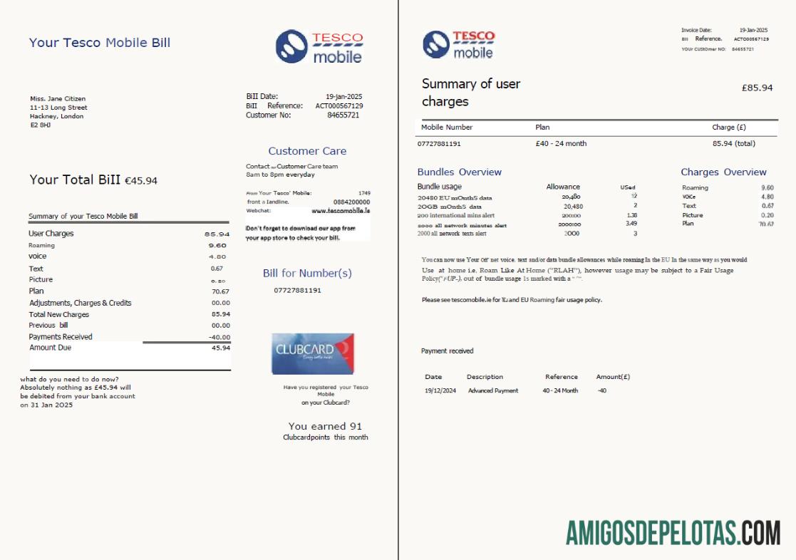 Berkualitas Inggris Raya Tesco Mobile Tagihan Tagihan templat in Word and PDF format, 2 pages, versi 2