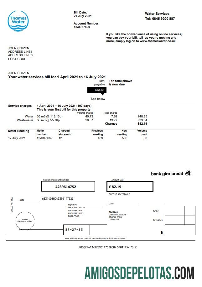 Dapat Diedit Inggris Raya Thames Air Tagihan Tagihan templat in Word and PDF format