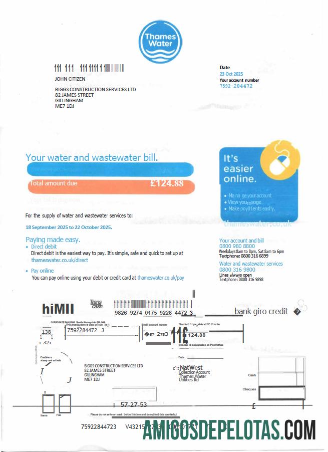 Profesional Inggris Raya Thames Air Tagihan Tagihan templat in Word and PDF format, versi 2