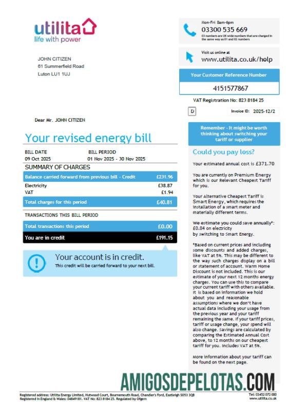 Berkualitas Inggris Raya Utilita Energy Tagihan Tagihan templat in Word and PDF format