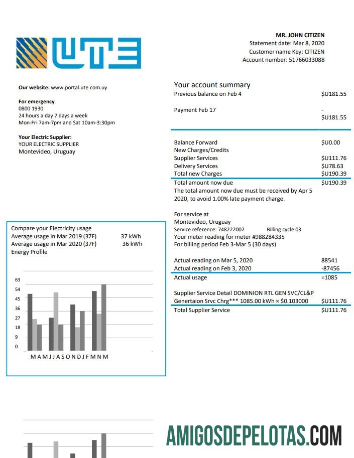 Realistis Uruguay UTE Perusahaan Listrik Tagihan Tagihan templat in Word and PDF format