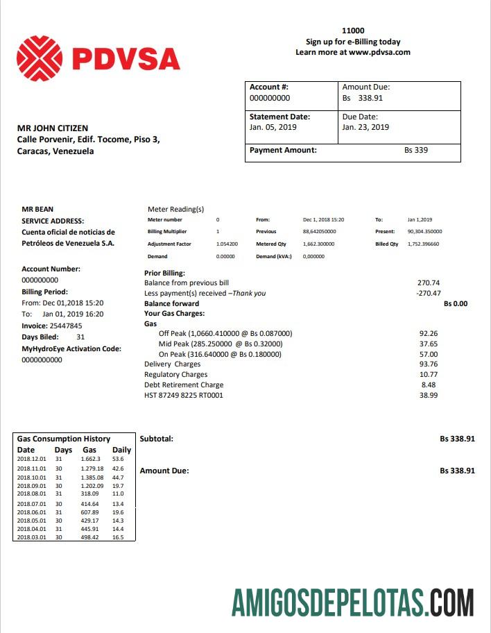 Realistis Venezuela PDVSA Gas Tagihan Tagihan templat in Word and PDF format